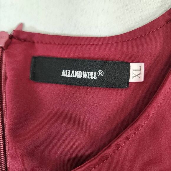 Allandwell Women's XL Burgandy Stretch Fit And Flare Midi Short-Sleeve Tie Waist - Picture 5 of 6